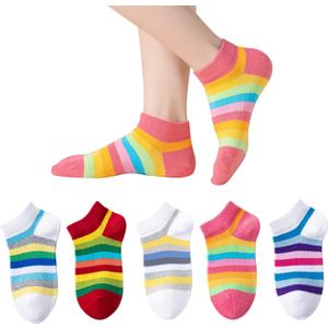 Marchare Girls Seamless Socks Rainbow Stripes Cotton Socks Kids School Crew Socks 5 Pack (S)