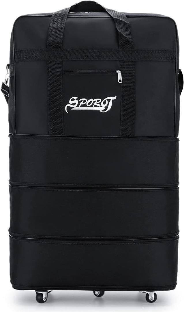 Expandable Extra Large Travel Oxford Duffel Bag with Wheels Waterproof Lightweight Traveling Foldable Suitcase (Black, L)