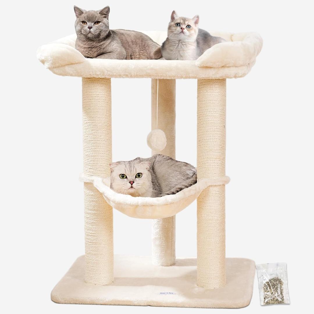 Happi N Pets 28" Cat Tree, Large Bed For Big Cats, Small Cat Tower with Soft Perch for Window Viewing, Stable Cat Tree Tower, Cat Scratching Post with Hammock, Removable Cover-Beige