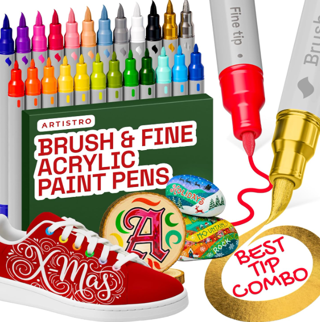 ARTISTRO 24 Acrylic Paint Markers for Rock, Fabric, Wood, Glass, Craft, Decoration  DualTip Paint Pens  Stocking Stuffers, Christmas Gift Idea for Teens, Grandkids, Kids  Art Supplies