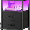 Huuger Night Stand with Charger Station and LED Lights, 2 Drawer Nightstand, Bed Side Table with Open Shelf, End Table, Fabric Dresser for Bedroom, Black