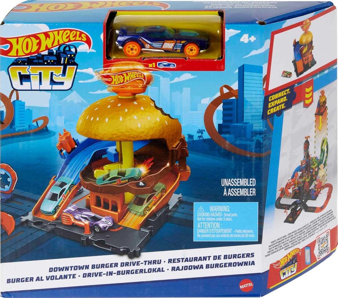 Hot Wheels City Burger Drive-Thru Playset with 1 Vehicle, Connects to Other Playsets & Tracks, Gift for Kids Ages 4 to 8 Years Old
