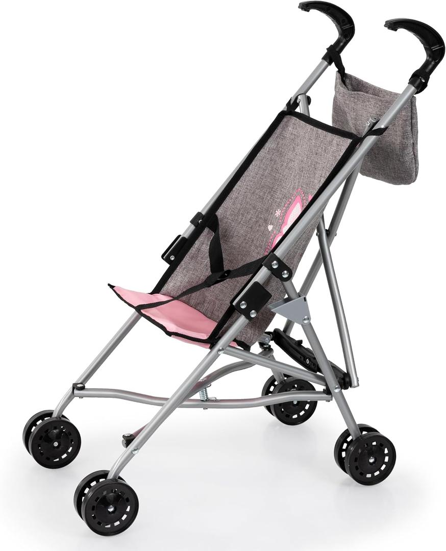 Bayer Design Doll Stroller - Foldable Buggy with Bag & Belt, Grey Pink, 18 inches