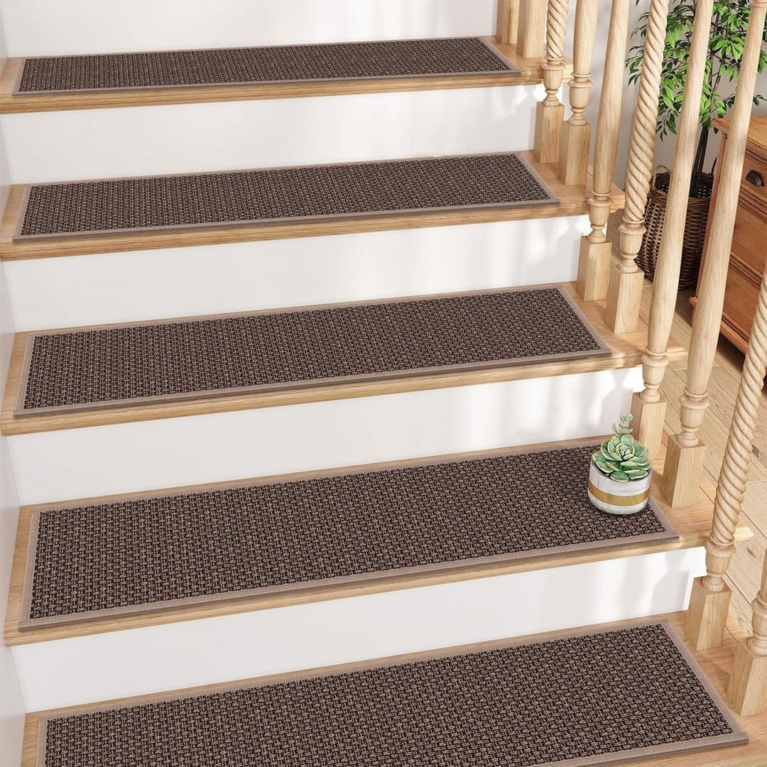 GOYLSER Rubber Backed Jute Carpet Stair Treads Mats, 15 Pack Basement Safety Stair Rug Step Pads, Non Slip Stairway Covers, 8"x30", Light Brown (Set of 15)