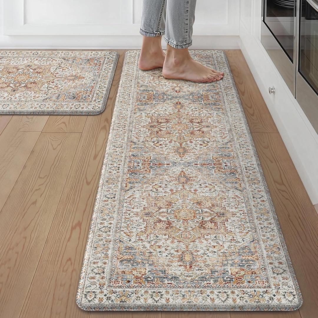 GENIMO Kitchen Mats for Floor, 2PCS Kitchen Rugs Non Slip Washable, Waterproof Anti Fatigue Mat, Comfort Standing Runner Rug for Sink, Office, Laundry, Home, 17.3"x59"+17.3"x30", Orange&Brown