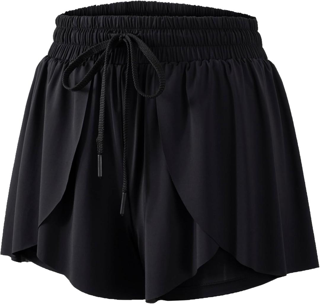 Flowy Running Shorts for Women Workout Athletic Gym Yoga Butterfly Skirt with Pockets Spandex Cute Clothes Summer (Medium, Black)