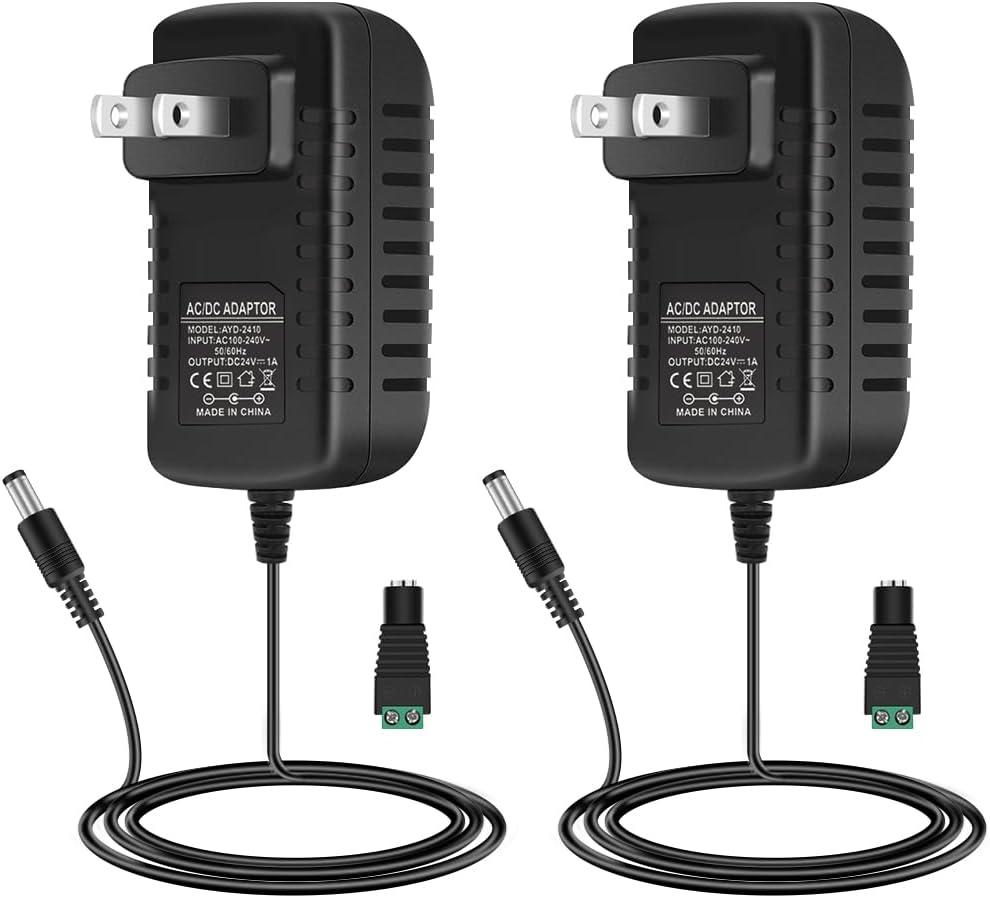 24V Power Supply, 1A 24W LED Lights Power Adapter, 100-240V AC to 24V DC Transformer for LED Strip Lights, Wall Plug Power Supply with 5.5/2.1 DC Female Barrel Connector (2 Pack)