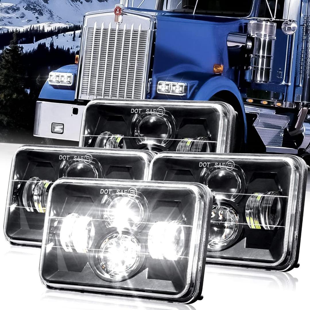 DOT Approved 4x6 LED Headlights 4PCS 65W Hi/Low Sealed Beam H6545 Rectangular Projector Headlamp Replace H4651 H4652 H4656 H4666 for Kenworth T600 T800 W900 Peterbilt 378 379 Truck
