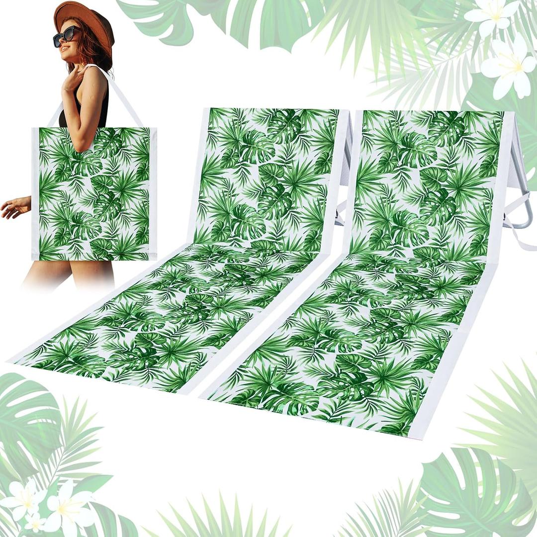 Lineshading 2 Pack Portable Beach Lounge Chair for Adults Folding Tanning Mat Lightweight Sun Beach Lounger Ideal Beach Chairs Adjustable Position Lawn Chair Outdoor Sunbathing(Monstera Leaf), 21.25 x 63.5 inches