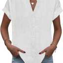 Button Down Shirts for Women Short Sleeve Cotton V Neck Tops Dressy Casual Loose Fit Office Work Blouses (M)