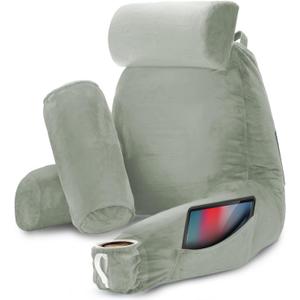 Nestl Reading Pillow with Shredded Memory Foam Includes 2 Neck and Lumber Support Pillows, Designed for Sitting Up in Bed and Couch, Back and Arms Adjustable Support for Adult & Teens, Sage Green