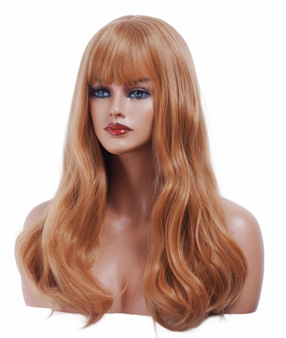 22 Inches Strawberry Blonde Wigs for Women Long Wavy Wig with Neat Bangs Synthetic Natural Ginger Wig for Cosplay,Halloween,Daily Use