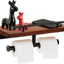 Toilet Paper Holder with Wood Shelf, Wall Mount Toilet Paper Roll Holder with Wooden Shelf and Matte Black Stainless Steel Pipe, Tissue Roll Holder for Bathroom Washroom (Dark Brown, 13.8'' x 5.9'')