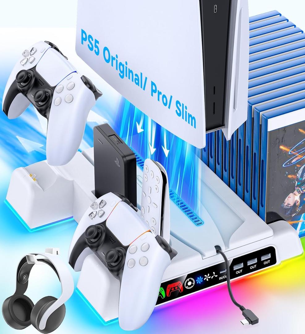 PS5/ Slim/Pro Stand for Disc & Digital Console, PS5 Cooling Station with Dual Controller Charging Station for PlayStation 5 Console, 3-Level Fan PlayStation 5 Controller Charger Accessories Stand (White)