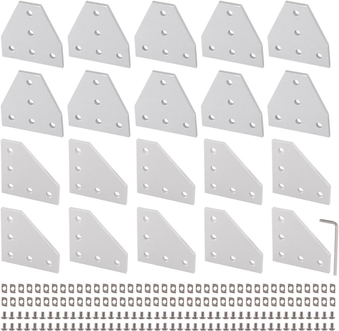 10Pcs L Shape & 10Pcs T Shape 2020 Corner Bracket Joint Plate 5 Hole Aluminum Extrusion Connector with 100Pcs T-Nuts, 100Pcs Screws and 1Pc Wrench for 20 x 20mm Series Extrusion Profile