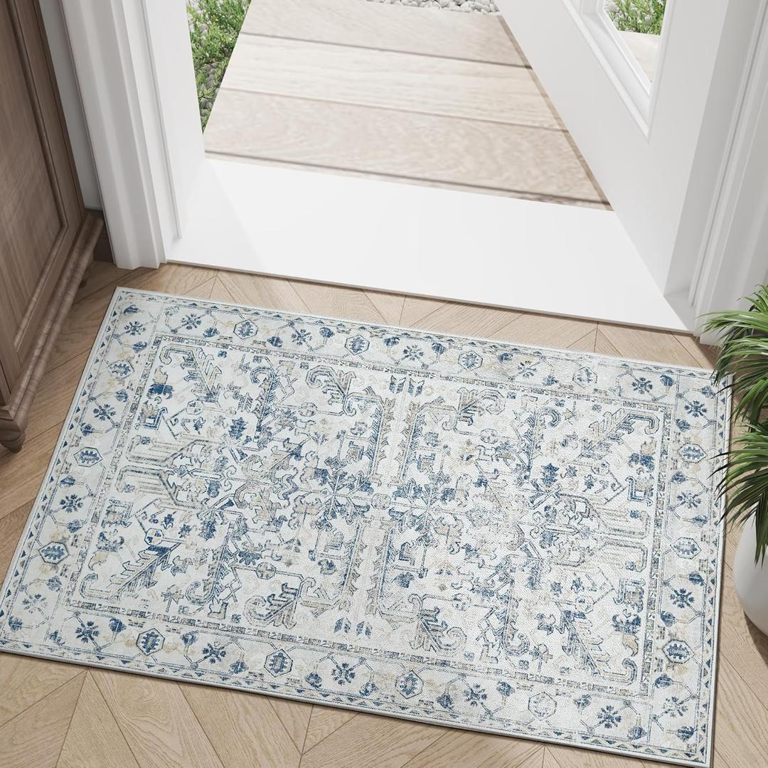 jinchan 2x3 Washable Rug for Entryway - Vintage Floral Ultra-Thin Low Pile Soft Small Non Slip Distressed Indoor Door mat Accent Area Rug for Entrance Kitchen Bathroom Bedroom (2x3ft,Blue) jinchan 2x3 Washable Rug for Entryway - Vintage Floral Ultra-Thin Low Pile Soft Small Non Slip Distressed Indoor Door mat Accent Area Rug for Entrance Kitchen Bathroom Bedroom (2x3ft,Blue)