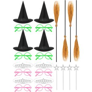 Maiteenly 24 Pcs Halloween Wizard Party Decoration Pink Green Glasses Witch Hat Broom Crown Pentagram Star Wand Princess Party Favor