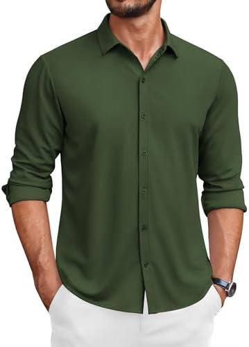 COOFANDY Men's Long Sleeve Wrinkle Free Shirts Button Down Casual Stretch Dress Shirt (Green,Small)