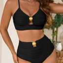 Herseas Womens 2 Piece Bikini Sets High Waisted Metal Ring Textured Swimsuit 2026 Summer Bathing Suits Beach Swimwear (Black, XXL)