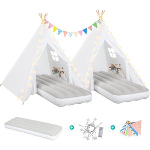 Teepee Tent for Kids Sleepover Party 2 Pack: Inflatable Airbed & Star Lights & Colored Flag - Indoor Outdoor Toddler Play Tent for Girls Boys Birthday Gifts Slumber Party (White)