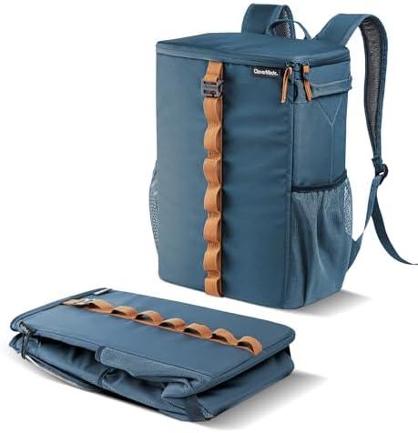 CleverMade Collapsible Backpack Cooler, 24 Can Insulated Backpack Cooler, Soft Sided Cooler Back Pack for Travel, Beach Cooler, Leakproof, Folds Flat - Ocean Cognac