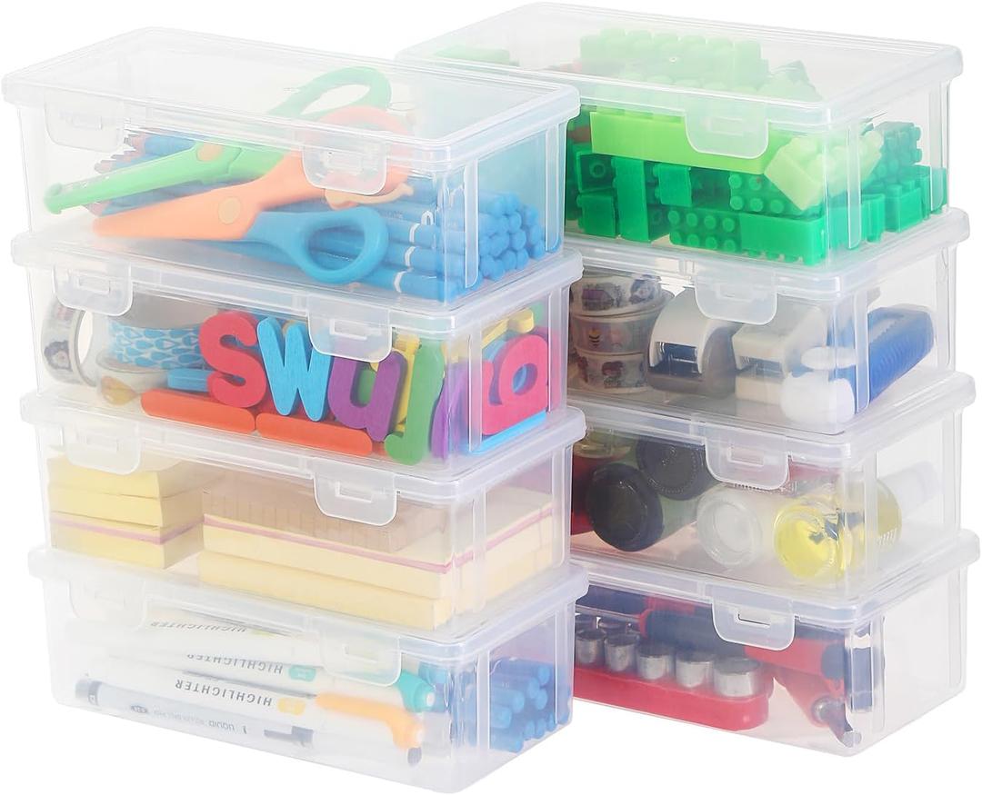 8-Pack Clear Pencil Cases and Pencil Boxes, Stackable Plastic Pencil Box with Snap Lid, Large Capacity for Markers and Art Supplies for School, Office and Desk Organization  Rectangular Large