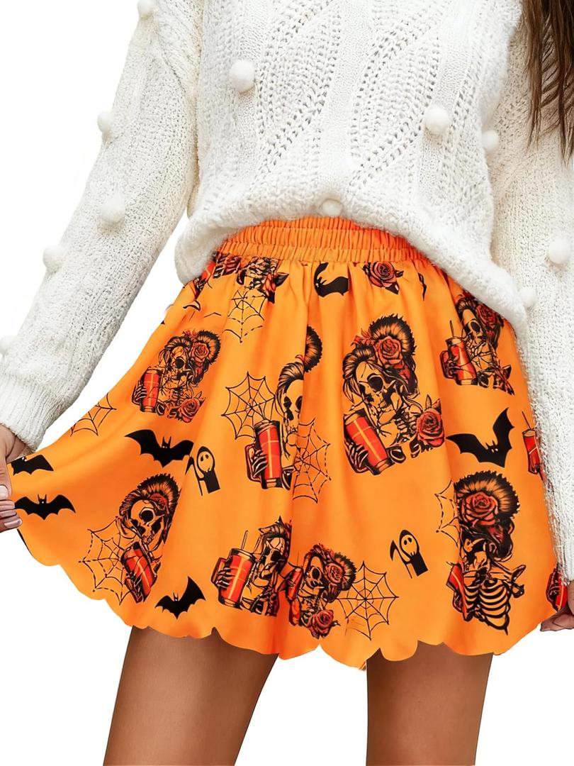 Bubble Skirt Mini Skorts for Women Spring Party Skirts with Pockets Elastic Waisted Golf Tennis Bloomers (Small, Skull Orange)