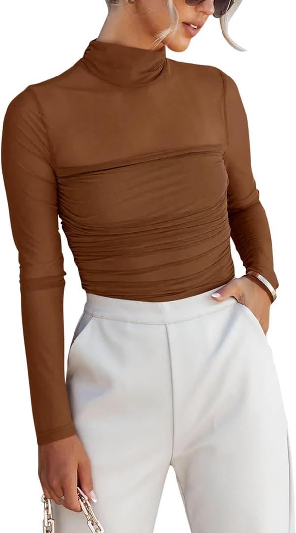 REORIA Womens Trendy Sexy Mock Turtle Neck Long Sleeve Sheer Mesh Ruched Going Out Bodysuits Tops (Brown, L)