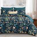 Yiran King Size Comforter Set 7 Pieces, Peacock Blue Botanical Floral Winter Comforter Bedding Set, Bed in a Bag King, Soft Microfiber Complete Bedding Set with Sheets for All Season (King (104"x90"))