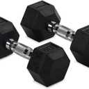 Titan Fitness 15 LB Pair Rubber Coated Hex Dumbbells, Roll-Resistant Hexagonal Free Weights, Chrome-Coated Handles with Knurling, Strength Training Equipment