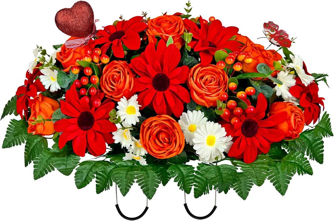 Artificial Cemetery Flowers for Grave Vase - Headstone Flower Saddle - Sympathy Flower of Vibrant Rose Sunflower Daisy Berry, Colorfast and Easy Fit