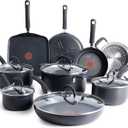 T-fal Ultimate Hard Anodized Nonstick Pots and Pans Set 14 Piece, Oven Broiler Safe 400F, Kitchen Cooking Set w/Fry Pans, Saucepans, Griddle, Dutch Oven, Dishwasher Safe, Cookware, Onyx