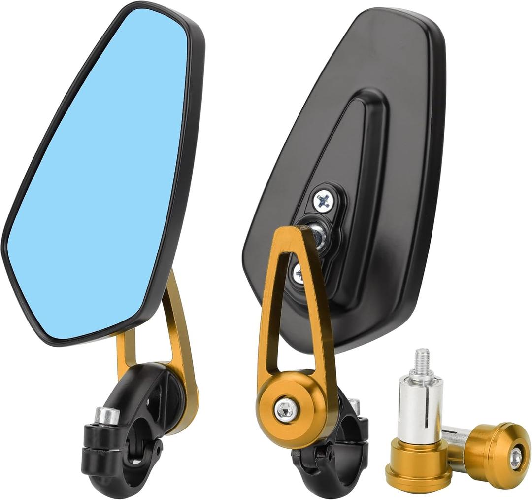 Motorcycle Bar End Mirrors 7/8'' 22mm Rear view Side Mirror Blue Lens Universal Replacement for Honda Grom Kawasaki Suzuki Ducati Yamaha and More Street Sport Bike Scooter Cruisers (Gold)