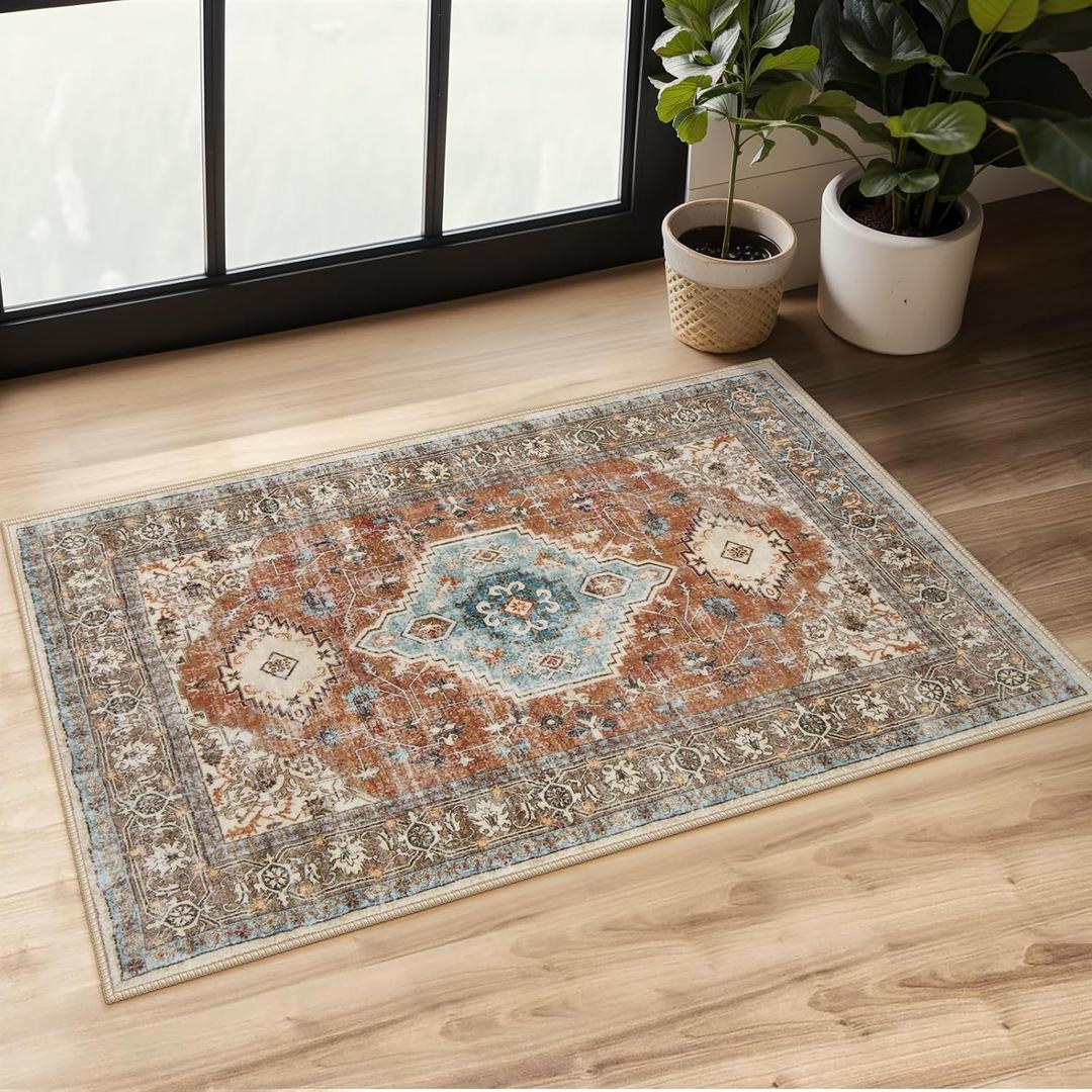 Lahome Oriental Small Rugs for Entryway, 2x3 Rug Non Slip Washable Fall Door Mat Indoor Entrance Ultra-Thin Vintage Soft Carpet for Kitchen Bedroom Front Door Bathroom Eleanor, Orange/Multi