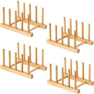 Yuixoseu 4 Pcs Bamboo Wooden Dish Rack, Plate Organizer for Cabinet Space Saver and Kitchen Counter, Bowl/Cup/Pot Lid/Cutting Board Drying Holder (4 Slots)
