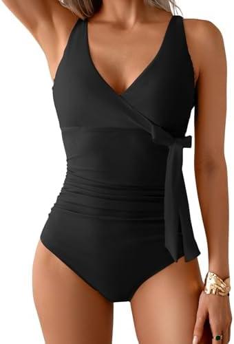 B2prity Women's One Piece Swimsuit Tummy Control Slimming Bathing Suit V Neck Swim Suit Color Block Tie Side Swimwear, Large