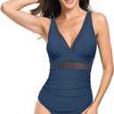 Women Sexy Mesh Tummy Control Swimsuit Push Up High Waisted Bathing Suit Slimming Deep V Neck One Piece Swimwear, M