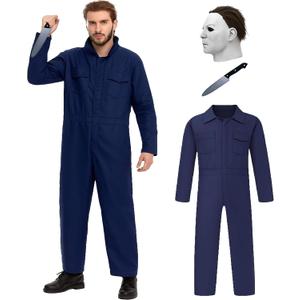 Navy Blue Coveralls Costume for Adults - Halloween Killer Jumpsuit with Mask and Toy Knife - Horror Cosplay Outfit (Blue, M)