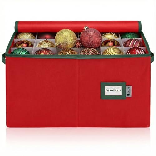 Christmas Ornament Storage Container with Dividers - Box Stores Up to 54 Ornaments, Zippered, Convenient, Adjustable, Large Organizer Bin to Protect Holiday Décor, Fits Most Standard Size, Red