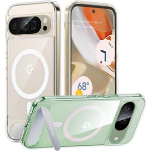 TORRAS Magnetic & Stand for Google Pixel 9 Pro Case/Pixel 9 Case, Fit for MagSafe, 12FT Mil-Grade Drop Protection, Slim Fit for Google Pixel 9/9 Pro Phone Case with Built-in Kickstand, Crystal Clear