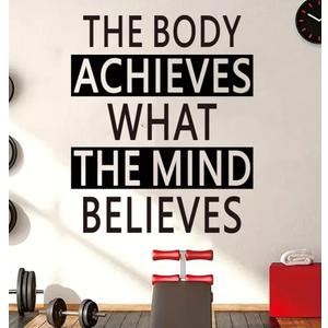SEATUNE Large Gym Wall Decals - Inspirational Quotes Motivational Sports Wall Stickers - Office Bedroom Classroom Home Garage Vinyl Art Wall Decor - The Body Achieves What The Mind Believes 20"X24"