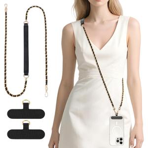 Dadanism Universal Phone Lanyard, Metal Cellphone Chain Crossbody, Anti-Theft Cross Body Phone Strap for iPhone 16, 15 and Most Smartphones, Cellphone Charm for Women Girls, Black & Gold