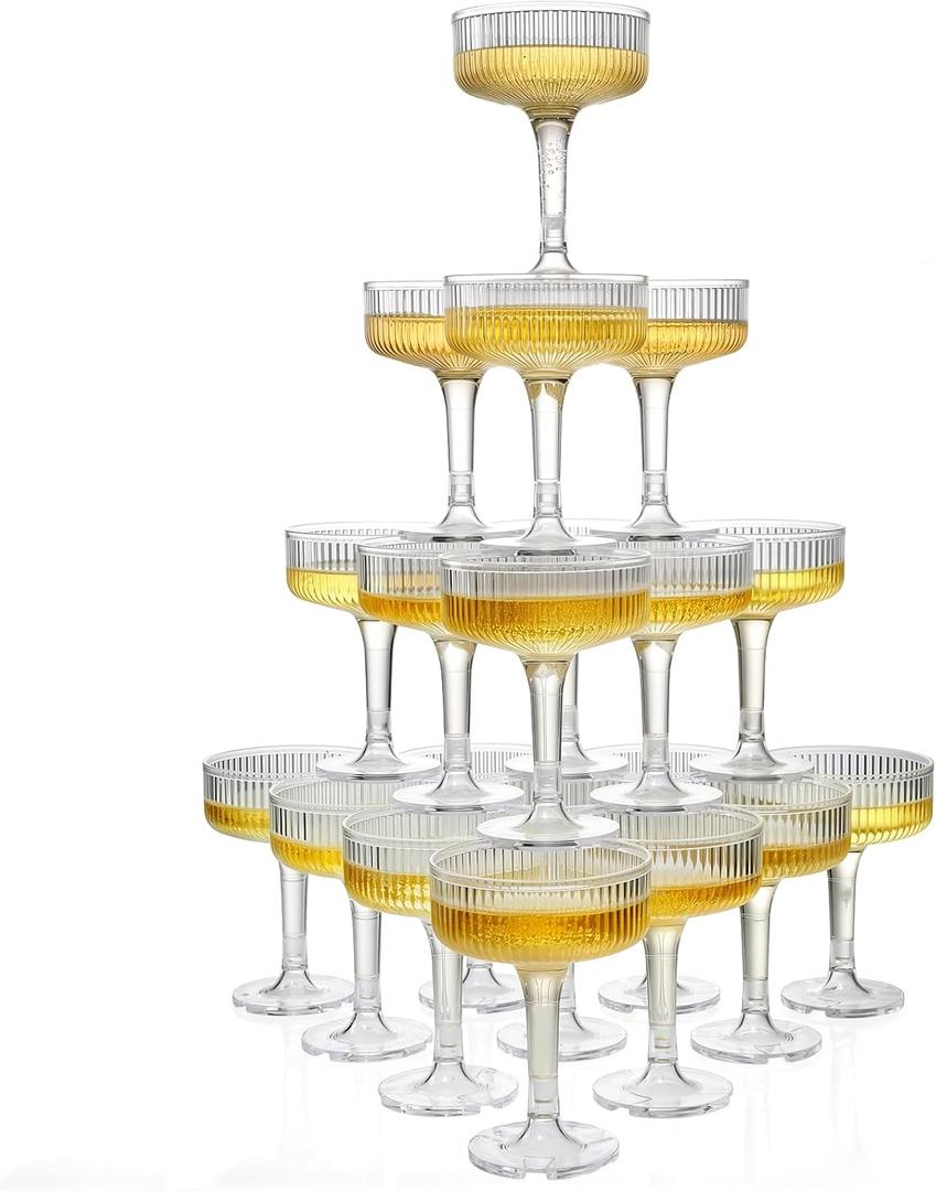 Goodluck 4-Tier Champagne Glasses - 20 PCS 7oz Clear Plastic Champagne Flutes, Plastic Coupe Glasses with Vertical Stripes for Weddings, Celebrations, Parties & Birthdays, 10.24 inches x 7.28 inches