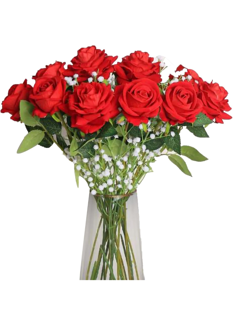Red Artificial Flowers 15 Pcs Roses Fake Bouquet for Home Decoration