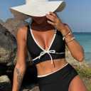 ZAFUL Womens High Waisted Bikini Sets Sexy V Neck Two Piece Swimsuit Cute Bow Ruched Bathing Suit (Black, L)