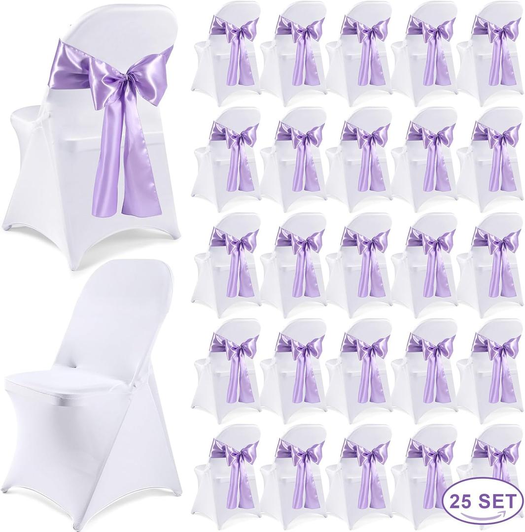 Lounsweer 50 Pcs Folding Chair Cover Set with 25 Stretch Spandex Slipcovers 25 Satin Chair Sashes Bows Ribbon Washable Banquet Protector for Wedding Event Party(White, Lavender)