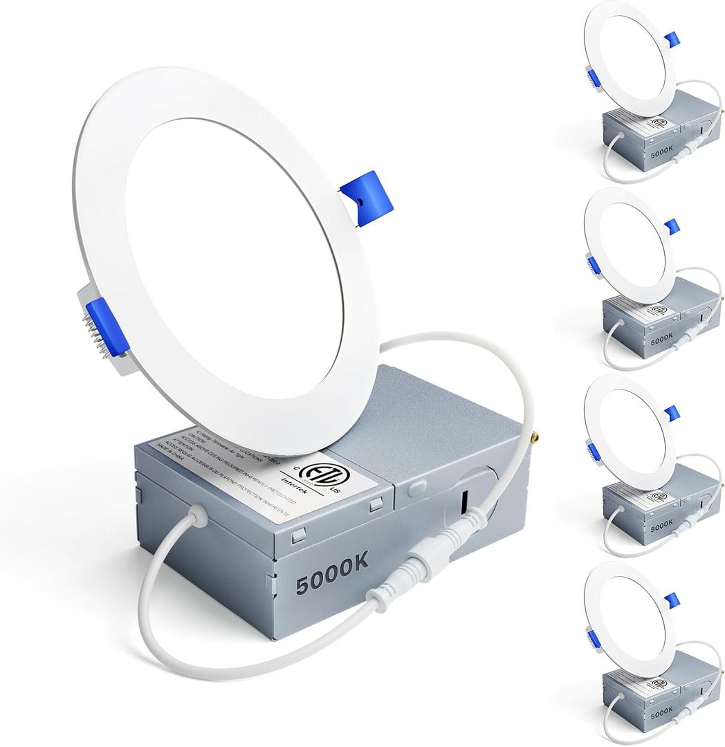 Ensenior 4 Pack 4 Inch LED Recessed Light, Dimmable, 5000K Daylight, 750LM High Brightness, 9W 120V, Damp Rated, Ultra-Thin Canless Wafer Ceiling Light - ETL & FCC & IC