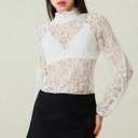Women's Long Sleeve Floral Lace Top Sexy See Through High Neck Slim Fitted T Shirt Y2k Going Out Sheer Blouse