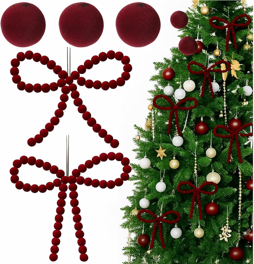 6 Pcs Velvet Beads Christmas Tree Bows Ornament for Craft Vintage Red Bow Ornament Coquette Xmas Velvet Beads for Christmas Tree Door Garland Wreath Tiered Tray Decorations