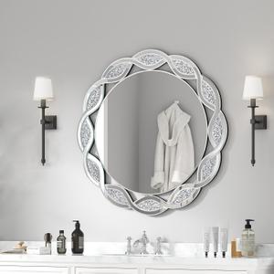 Crystal Decorative Mirror-24 x24 Gorgeous Silver Mirror, Crush Diamond Mirror for Wall Decoration Bedroom, Bathroom, Dining Room and Living Room (24"L*24"W, Round Mirror)